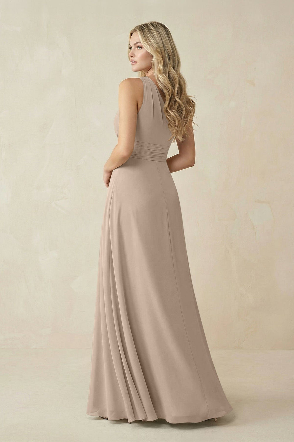 One - Shoulder A - Line Chiffon Bridesmaid Dress in Almond - KISS BRIDAL Bridesmaid Dresses