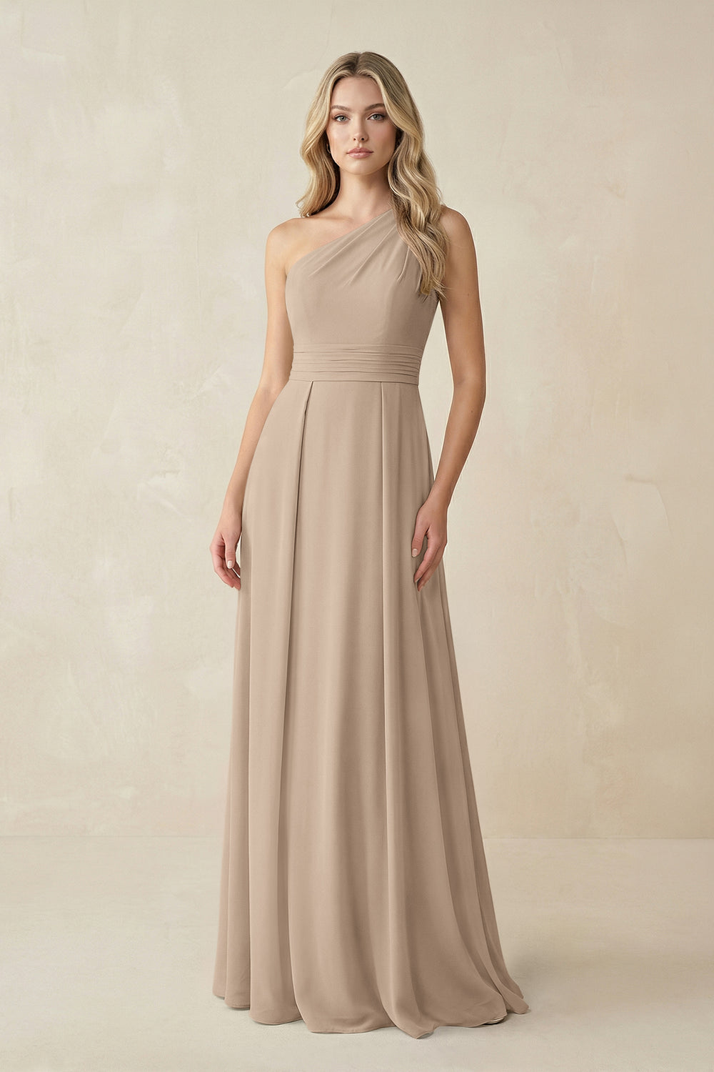 One-Shoulder A-Line Chiffon Bridesmaid Dress in Almond