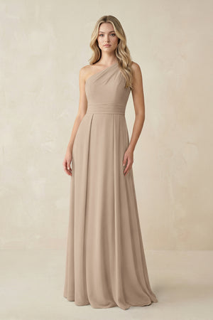 One-Shoulder A-Line Chiffon Bridesmaid Dress in Almond | KISSBRIDAL