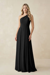 One - Shoulder A - Line Chiffon Bridesmaid Dress in Black - KISS BRIDAL Bridesmaid Dresses