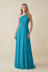 One - Shoulder A - Line Chiffon Bridesmaid Dress in Blue Jay - KISS BRIDAL Bridesmaid Dresses