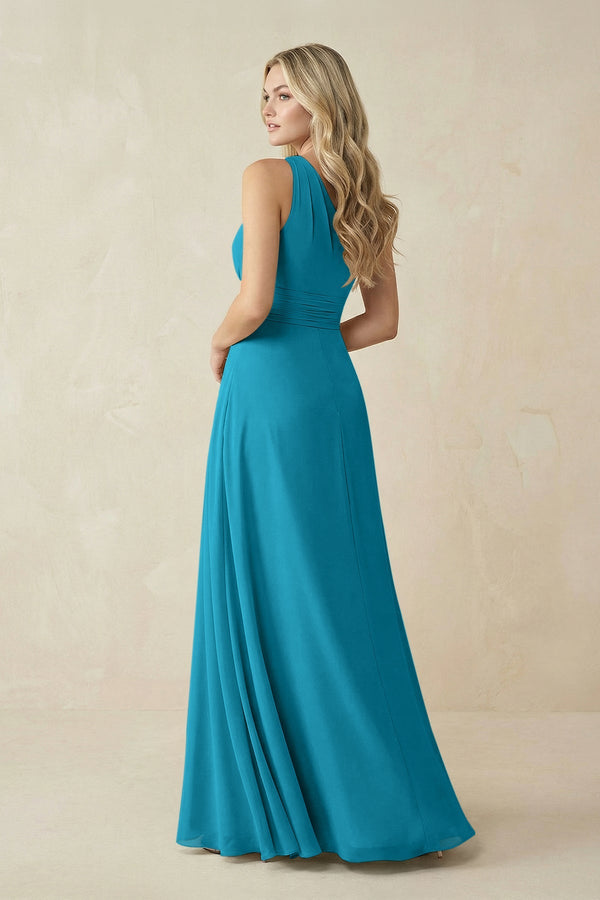 One - Shoulder A - Line Chiffon Bridesmaid Dress in Blue Jay - SHE IS ME Bridesmaid Dresses