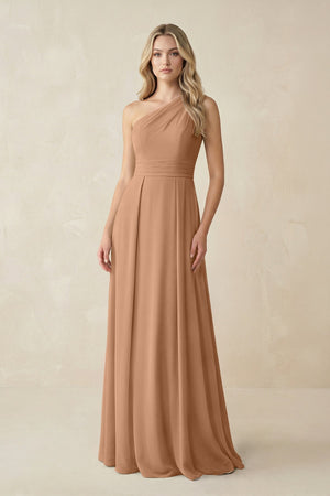 One - Shoulder A - Line Chiffon Bridesmaid Dress in Bronzer - SHE IS ME Bridesmaid Dresses