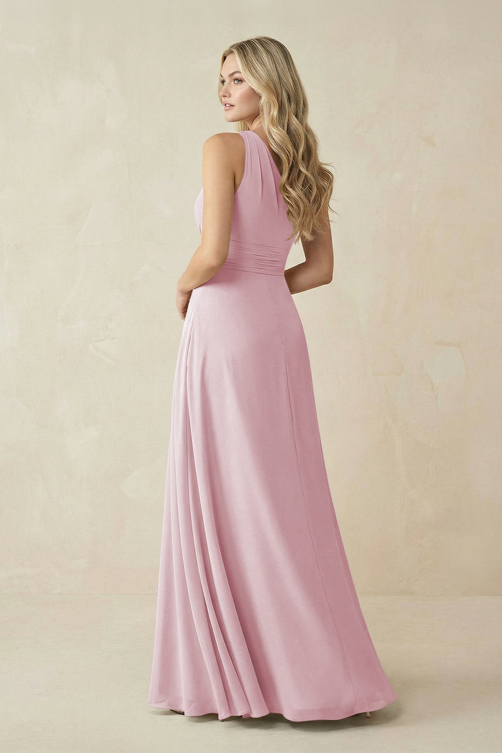 One - Shoulder A - Line Chiffon Bridesmaid Dress in Candy Pink - KISS BRIDAL Bridesmaid Dresses