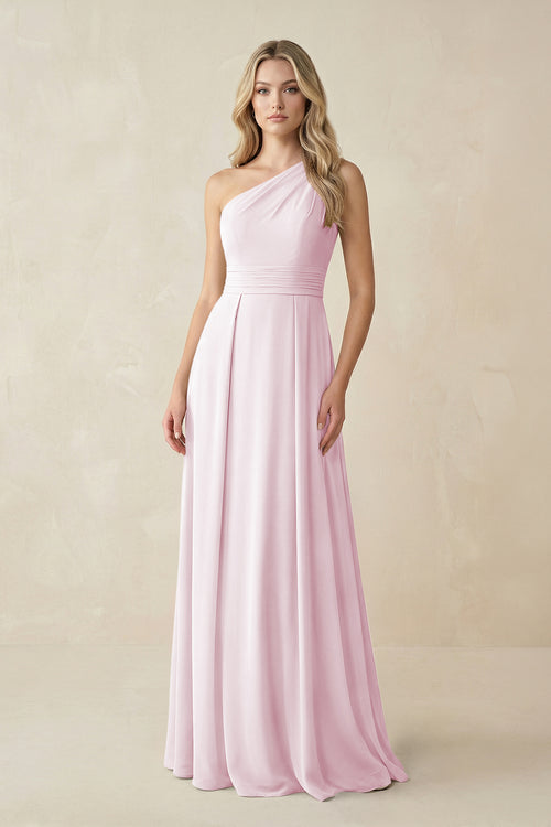 One-Shoulder A-Line Chiffon Bridesmaid Dress in Candy Pink | KISSBRIDAL