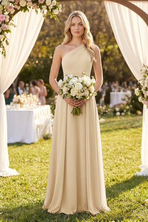 One-Shoulder A-Line Chiffon Bridesmaid Dress in Champagne (4) | KISSBRIDAL