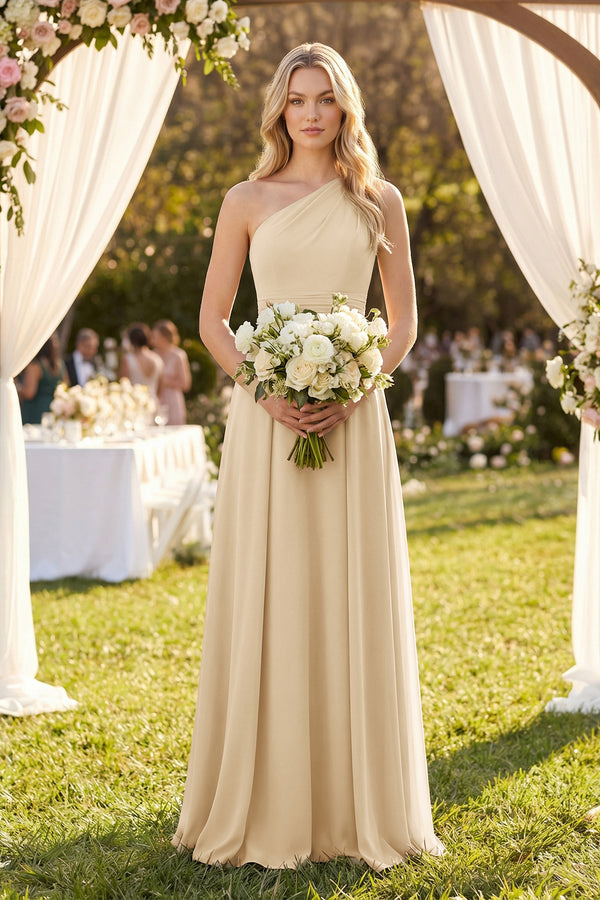 One-Shoulder A-Line Chiffon Bridesmaid Dress in Champagne (4) | KISSBRIDAL