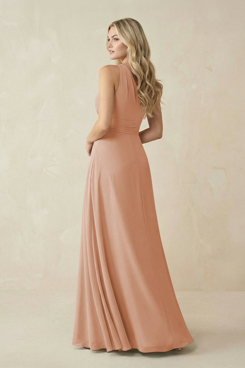 One - Shoulder A - Line Chiffon Bridesmaid Dress in Champagne Rose - KISS BRIDAL Bridesmaid Dresses