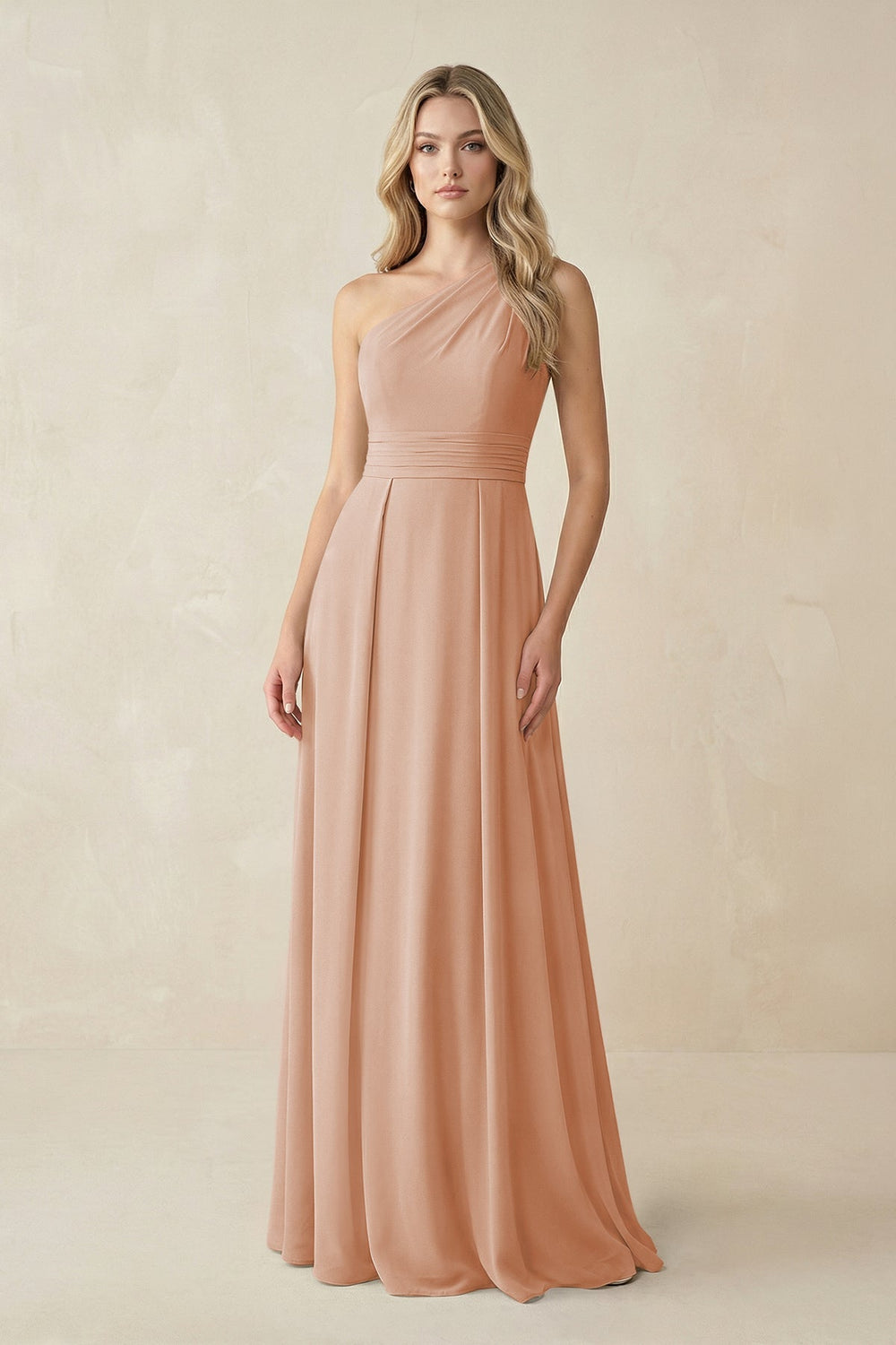 One - Shoulder A - Line Chiffon Bridesmaid Dress in Champagne Rose - KISS BRIDAL Bridesmaid Dresses