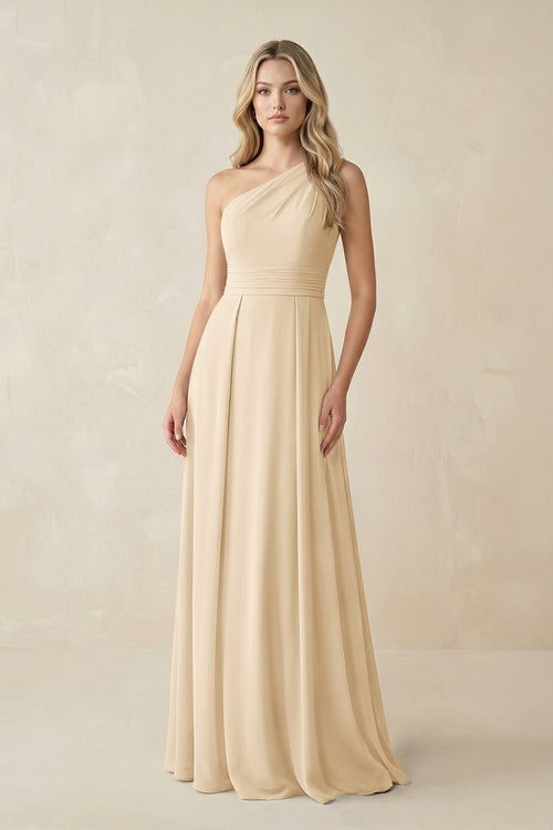 One-Shoulder A-Line Chiffon Bridesmaid Dress in Champagne | KISSBRIDAL
