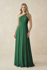 One-Shoulder A-Line Chiffon Bridesmaid Dress in Dark Green | KISSBRIDAL