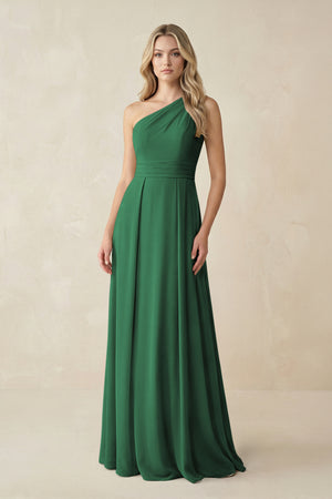 One-Shoulder A-Line Chiffon Bridesmaid Dress in Dark Green | KISSBRIDAL