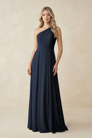 One - Shoulder A - Line Chiffon Bridesmaid Dress in Dark Navy - SHE IS ME Bridesmaid Dresses