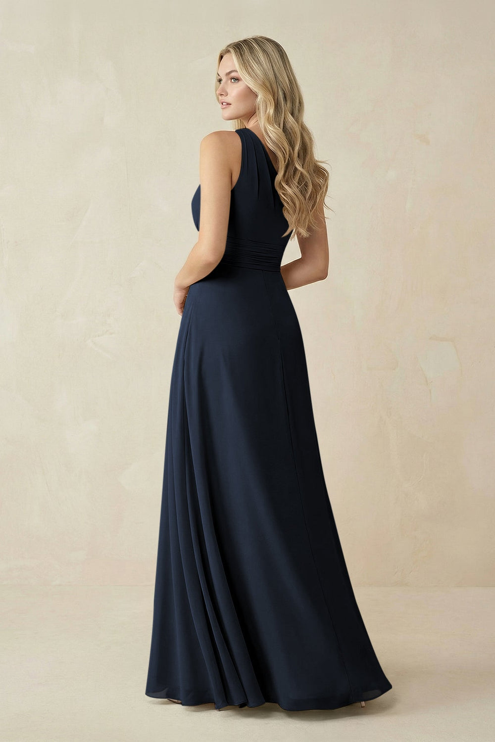 One - Shoulder A - Line Chiffon Bridesmaid Dress in Dark Navy - SHE IS ME Bridesmaid Dresses