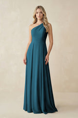 One - Shoulder A - Line Chiffon Bridesmaid Dress in Dark Teal - KISS BRIDAL Bridesmaid Dresses