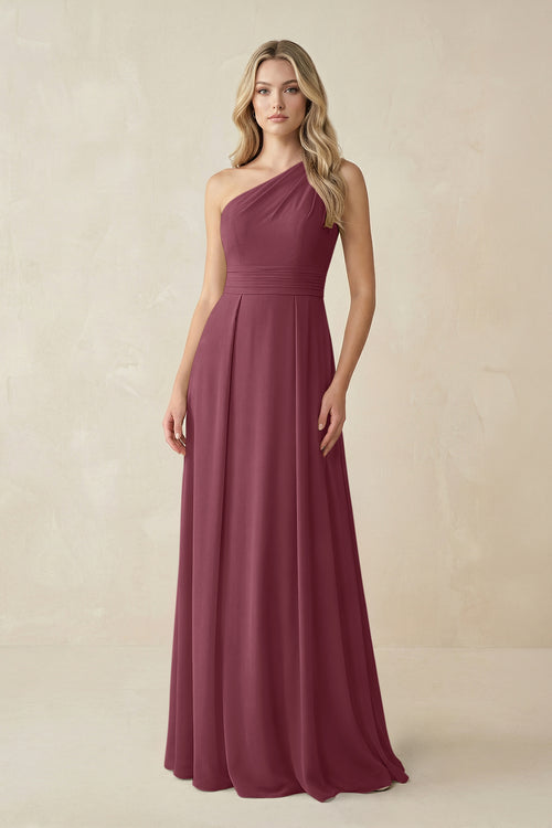One-Shoulder A-Line Chiffon Bridesmaid Dress in Desert Rose | KISSBRIDAL