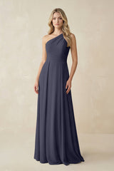 One - Shoulder A - Line Chiffon Bridesmaid Dress in Dusk Blue - KISS BRIDAL Bridesmaid Dresses