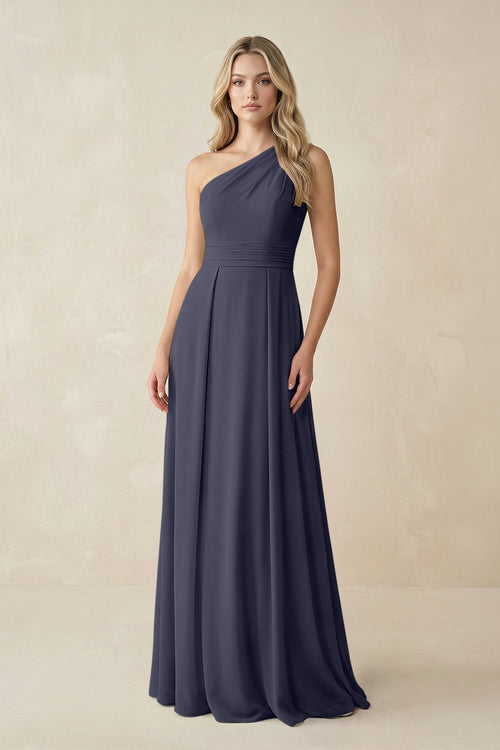 One - Shoulder A - Line Chiffon Bridesmaid Dress in Dusk Blue - SHE IS ME Bridesmaid Dresses