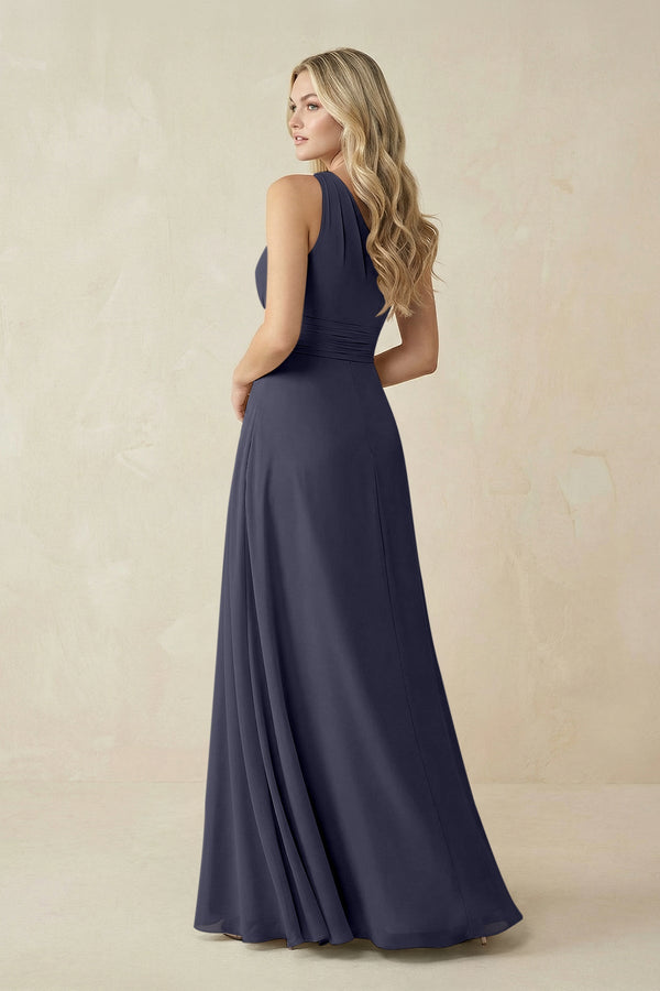 One - Shoulder A - Line Chiffon Bridesmaid Dress in Dusk Blue - SHE IS ME Bridesmaid Dresses