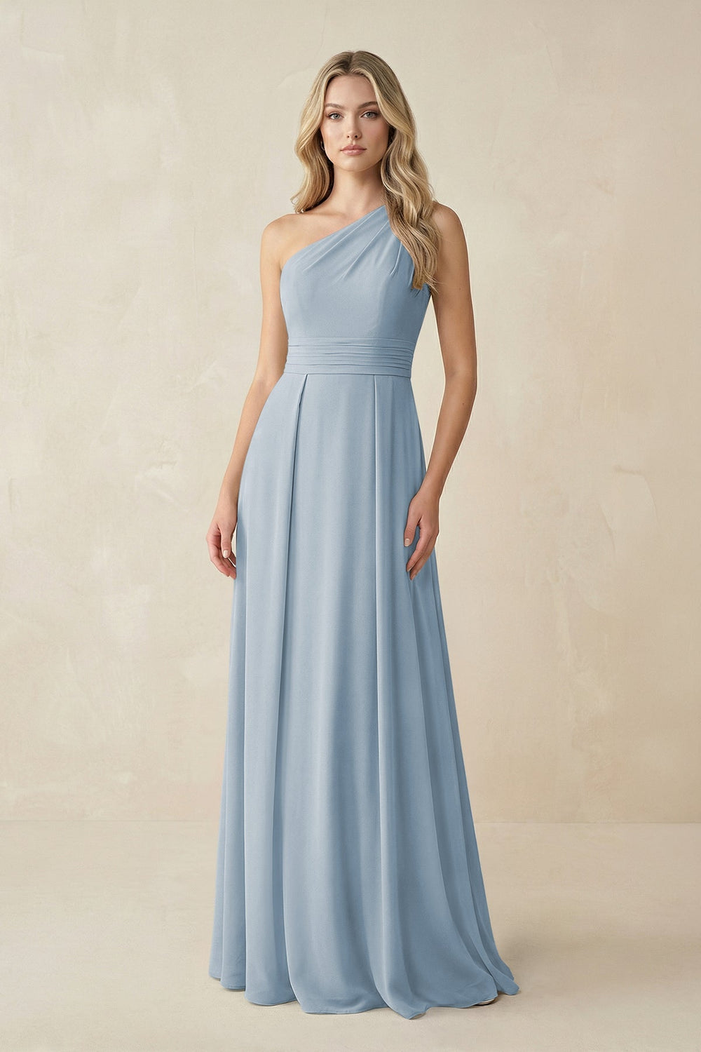 One - Shoulder A - Line Chiffon Bridesmaid Dress in Dusty Blue - SHE IS ME Bridesmaid Dresses