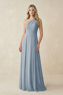 One-Shoulder A-Line Chiffon Bridesmaid Dress in Dusty Blue | KISSBRIDAL