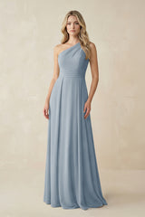 One-Shoulder A-Line Chiffon Bridesmaid Dress in Dusty Blue | KISSBRIDAL