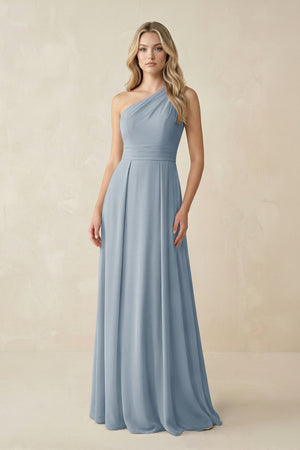 One-Shoulder A-Line Chiffon Bridesmaid Dress in Dusty Blue | KISSBRIDAL