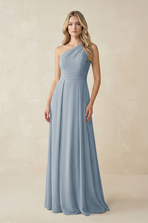 One-Shoulder A-Line Chiffon Bridesmaid Dress in Dusty Blue | KISSBRIDAL