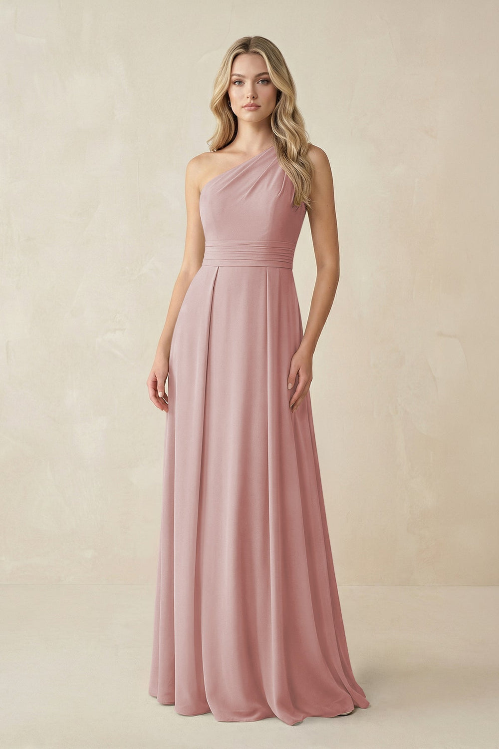 One - Shoulder A - Line Chiffon Bridesmaid Dress in Dusty Rose - KISS BRIDAL Bridesmaid Dresses