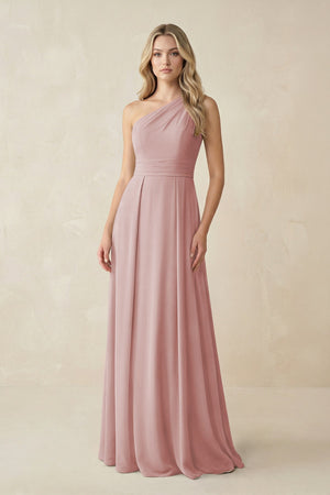 One - Shoulder A - Line Chiffon Bridesmaid Dress in Dusty Rose - SHE IS ME Bridesmaid Dresses