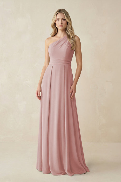 One - Shoulder A - Line Chiffon Bridesmaid Dress in Dusty Rose - SHE IS ME Bridesmaid Dresses