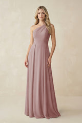 One-Shoulder A-Line Chiffon Bridesmaid Dress in Dusty Rose | KISSBRIDAL