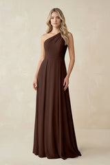 One - Shoulder A - Line Chiffon Bridesmaid Dress in Espresso - KISS BRIDAL Bridesmaid Dresses