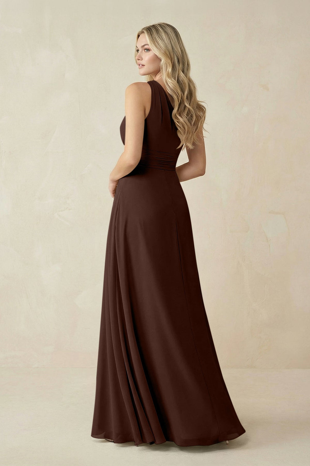 One - Shoulder A - Line Chiffon Bridesmaid Dress in Espresso - SHE IS ME Bridesmaid Dresses