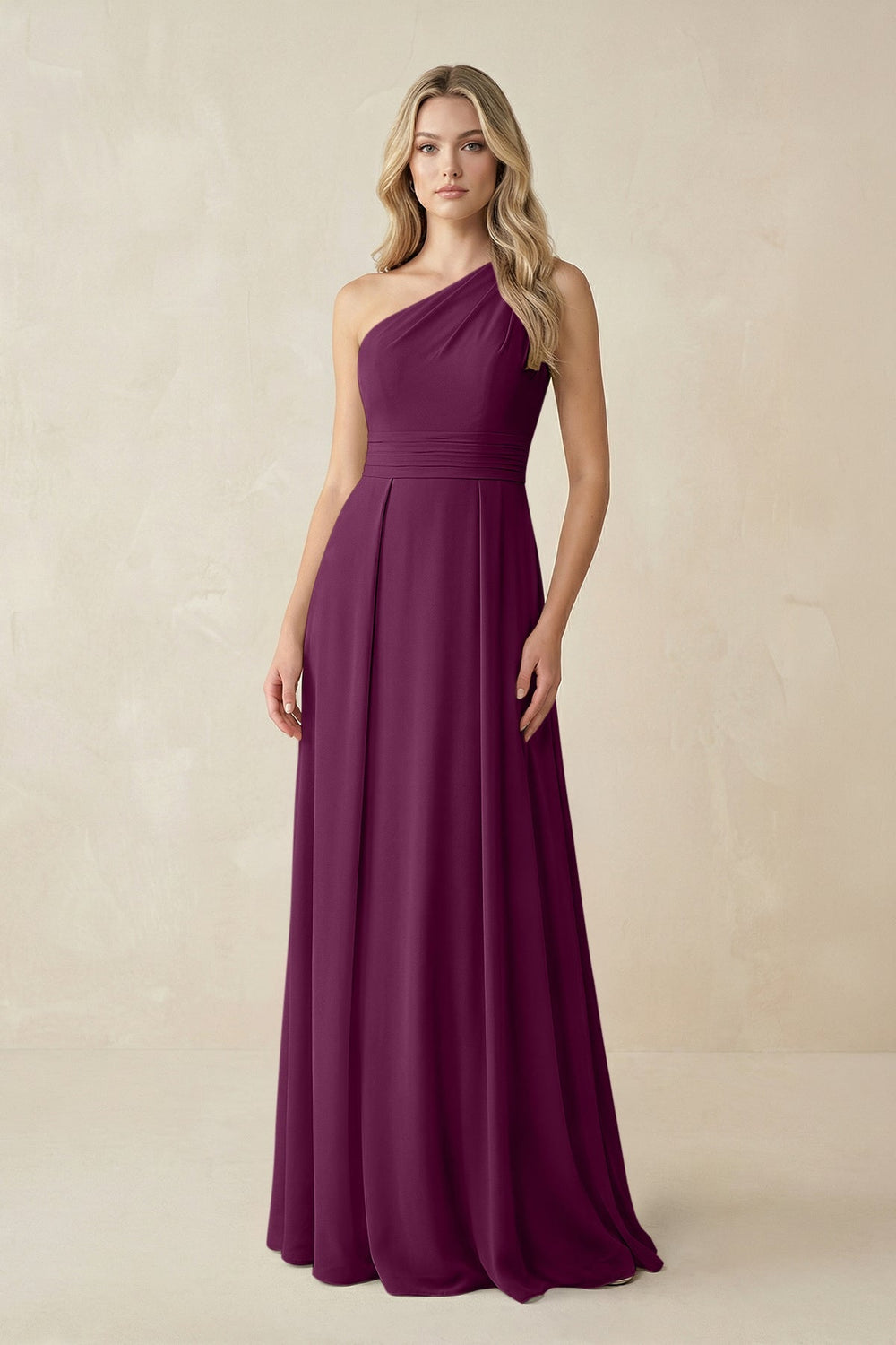 One - Shoulder A - Line Chiffon Bridesmaid Dress in Fig - SHE IS ME Bridesmaid Dresses