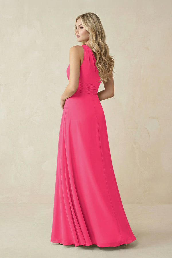 One-Shoulder A-Line Chiffon Bridesmaid Dress in Fuchsia (2) | KISSBRIDAL