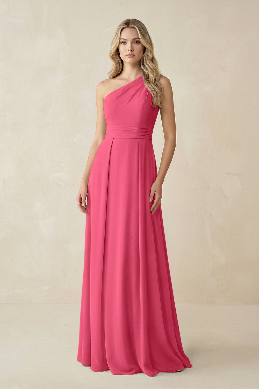 One - Shoulder A - Line Chiffon Bridesmaid Dress in Fuchsia - KISS BRIDAL Bridesmaid Dresses