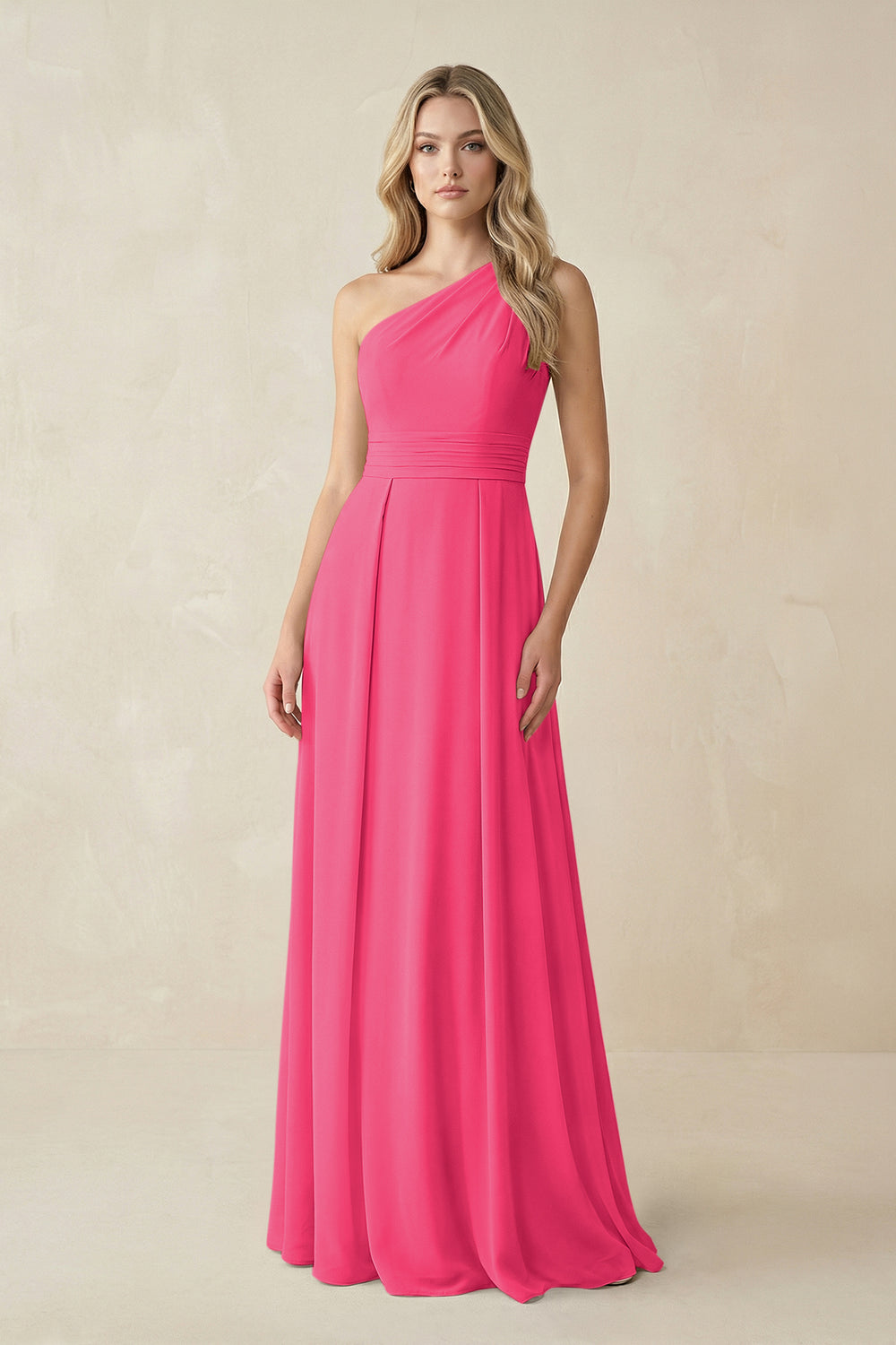 One-Shoulder A-Line Chiffon Bridesmaid Dress in Fuchsia