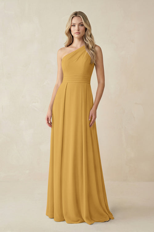 One-Shoulder A-Line Chiffon Bridesmaid Dress in Marigold | KISSBRIDAL