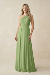 One - Shoulder A - Line Chiffon Bridesmaid Dress in Matcha - KISS BRIDAL Bridesmaid Dresses
