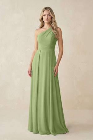 One - Shoulder A - Line Chiffon Bridesmaid Dress in Matcha - SHE IS ME Bridesmaid Dresses