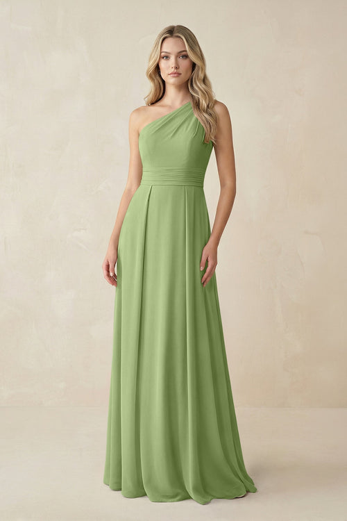 One - Shoulder A - Line Chiffon Bridesmaid Dress in Matcha - SHE IS ME Bridesmaid Dresses