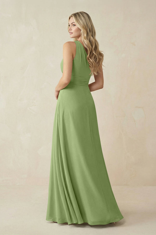 One - Shoulder A - Line Chiffon Bridesmaid Dress in Matcha - SHE IS ME Bridesmaid Dresses