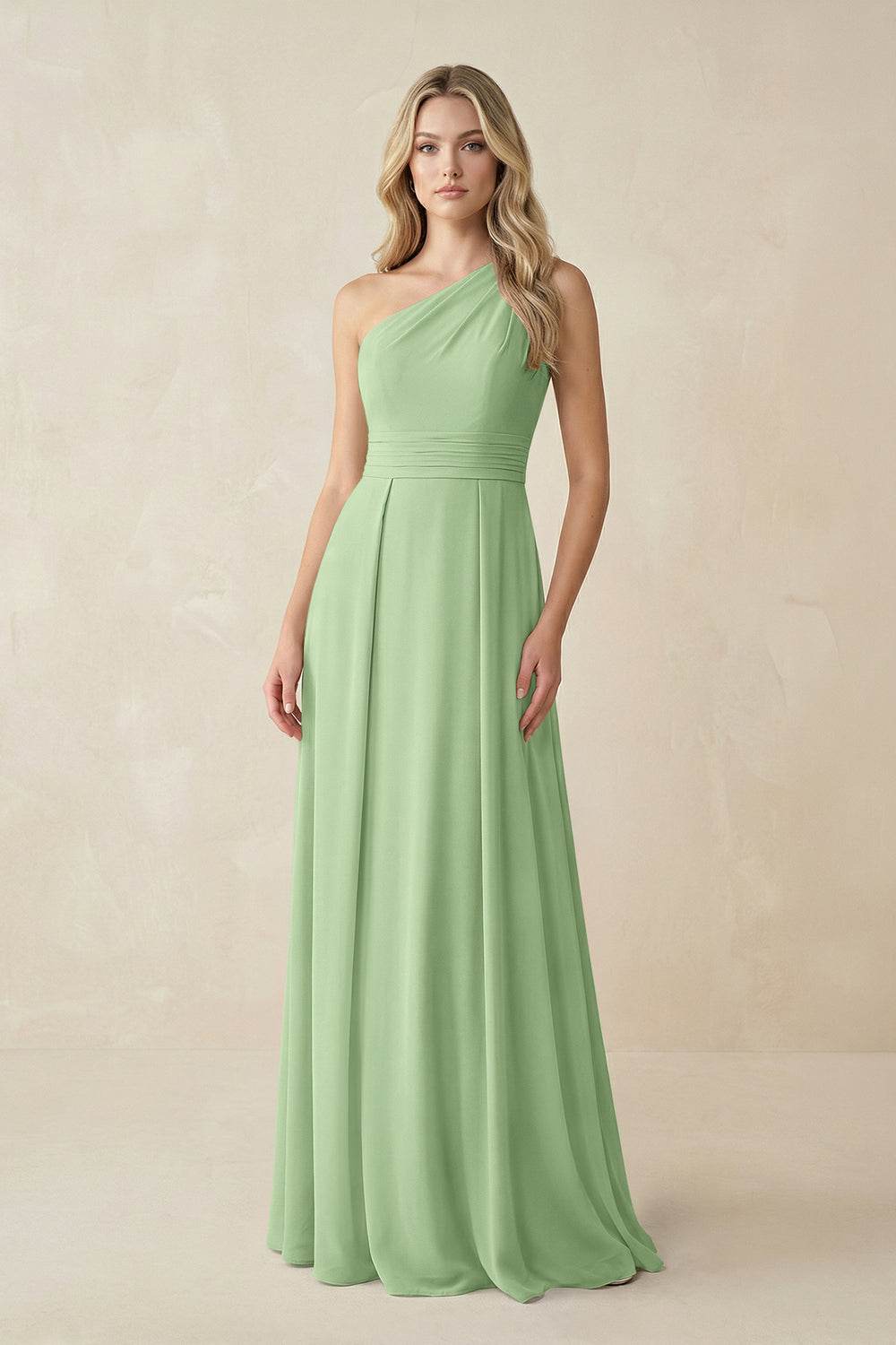 One-Shoulder A-Line Chiffon Bridesmaid Dress in Matcha