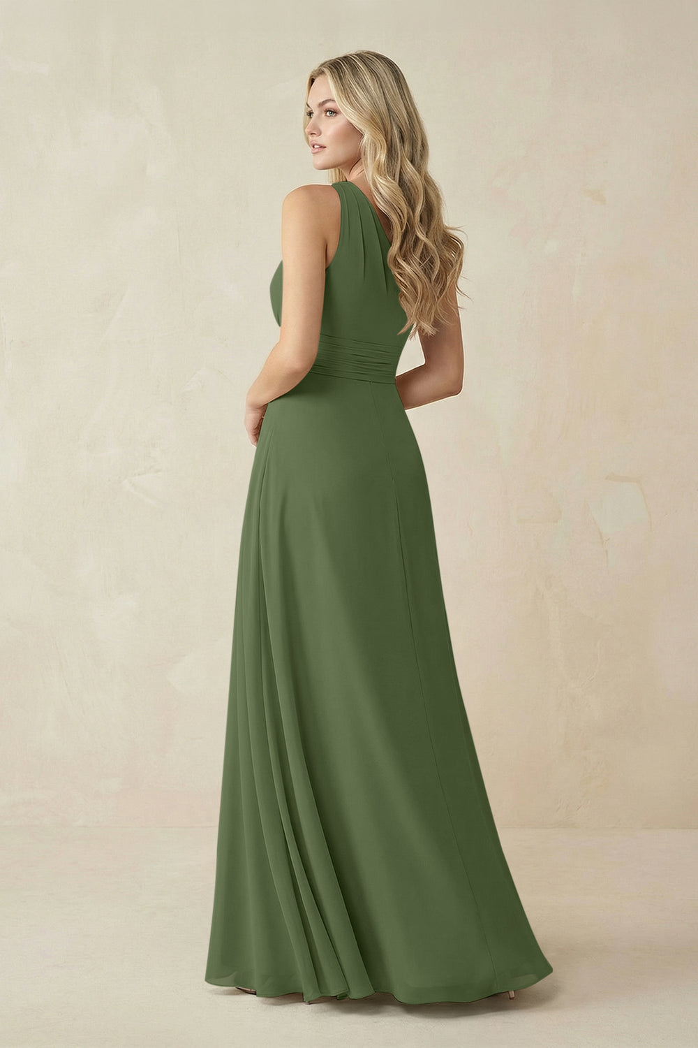 One-Shoulder A-Line Chiffon Bridesmaid Dress in Moss