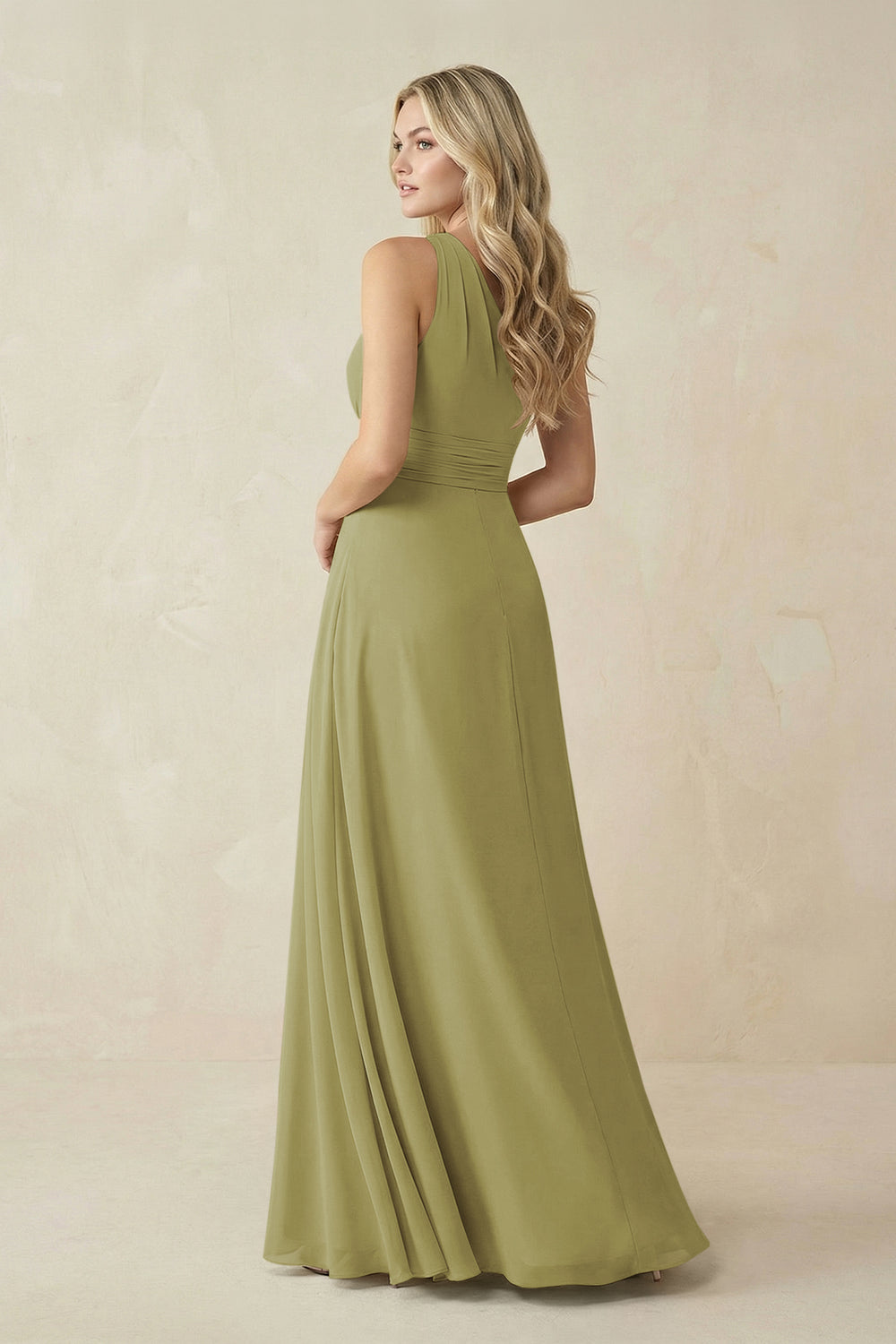 One-Shoulder A-Line Chiffon Bridesmaid Dress in Moss Green