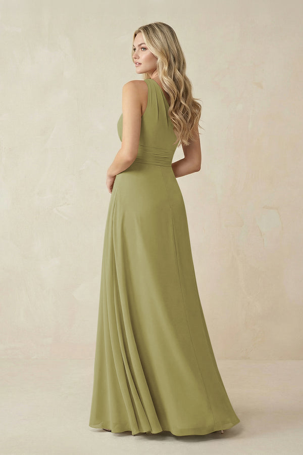 One-Shoulder A-Line Chiffon Bridesmaid Dress in Moss Green (2) | KISSBRIDAL
