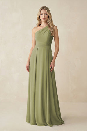 One - Shoulder A - Line Chiffon Bridesmaid Dress in Moss Green - SHE IS ME Bridesmaid Dresses