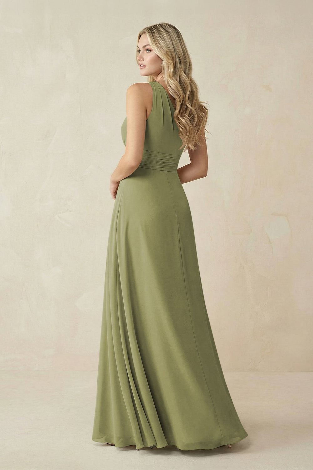 One - Shoulder A - Line Chiffon Bridesmaid Dress in Moss Green - KISS BRIDAL Bridesmaid Dresses