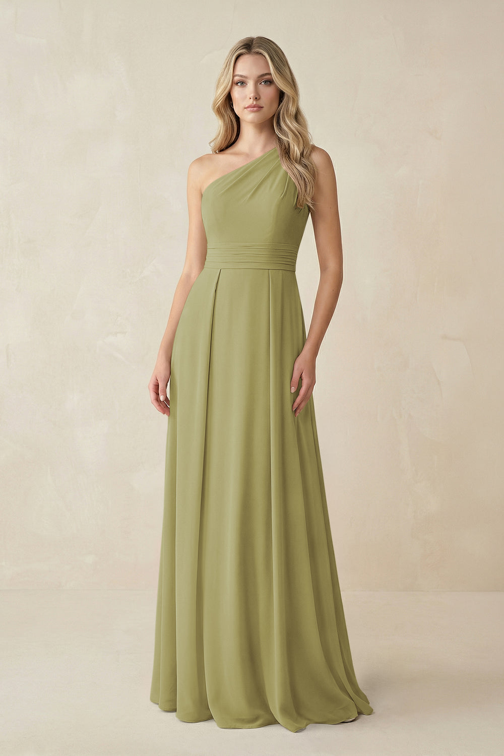 One-Shoulder A-Line Chiffon Bridesmaid Dress in Moss Green